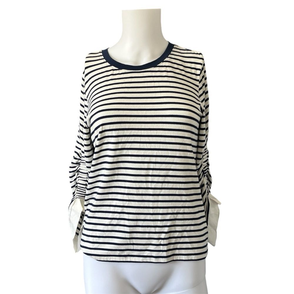 Kobi Halperin Knit Blouse Navy Blue White Stripes 3/4 Sleeve Stretch Size XS